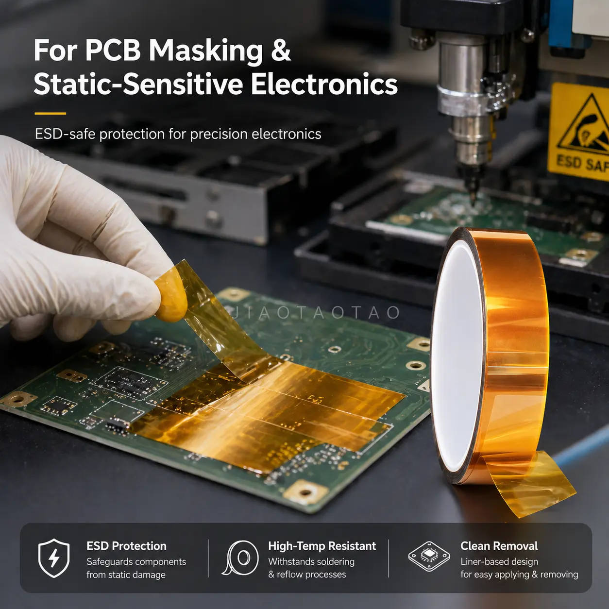 ESD polyimide tape with liner for die-cutting, static control, and electronics insulation.